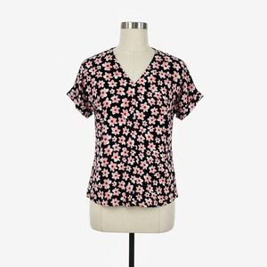 Cabi Petal Blouse Black Pink Floral V-Neck Short Sleeve Top XS